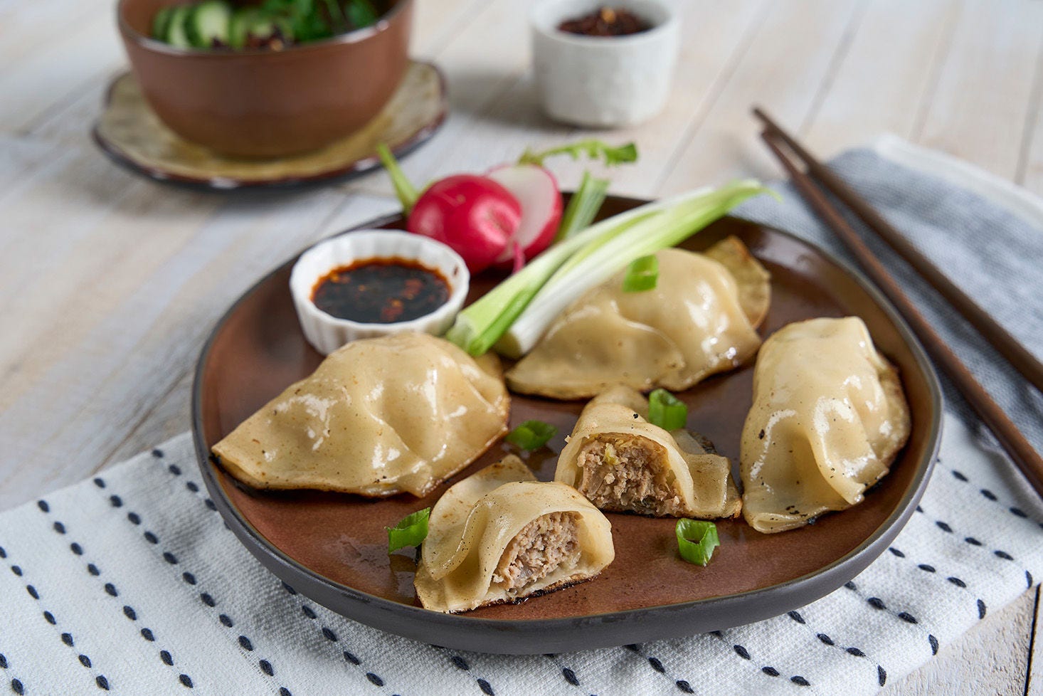 Jimmy Dean turkey sausage Gyoza with a side of sauce