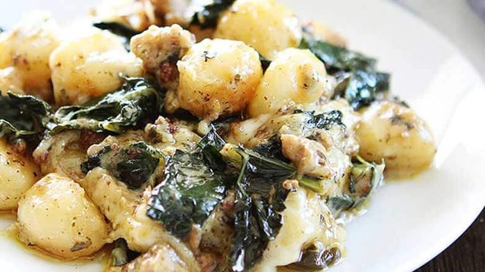 Maria's Baked Gnocchi with Sausage, Kale and Pesto