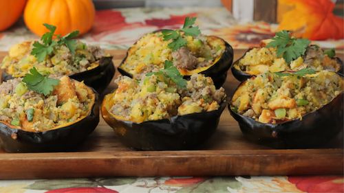 Sausage Stuffed Acorn Squash with Cornbread Stuffing